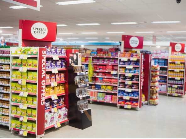 Supermarket shelves with promotions